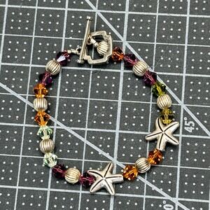 Beaded Bracelet‎ Starfish Charm Toggle Clasp Silver Tone Purple Orange Green